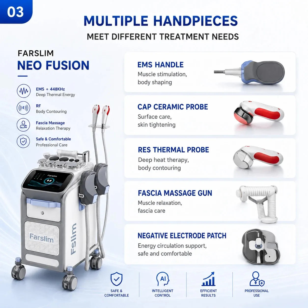 Multiple handpieces including EMS handle, CAP/RES probes, and massage gun.