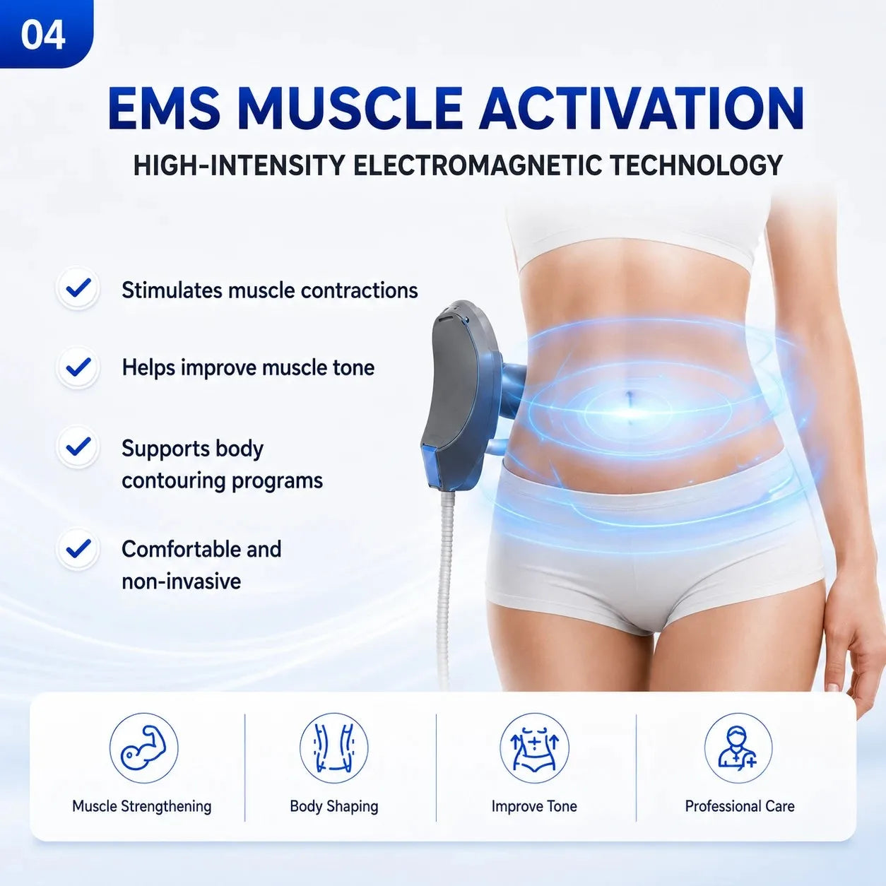 High-intensity electromagnetic technology for EMS muscle activation.