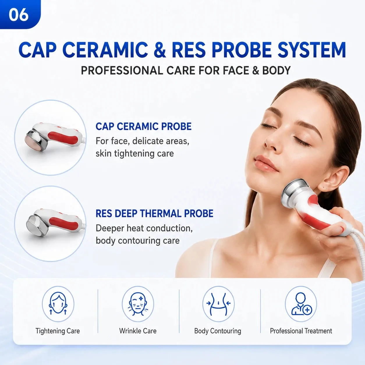 Professional CAP ceramic and RES probe system for face and body skin tightening.