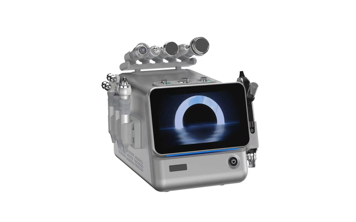 8-in-1 Professional Hydro Dermabrasion Facial Machine combines hydro cleansing, multi-mode RF, ultrasonic care, a skin scrubber, Oxygeno CO₂, nano mist and a cryo hammer in one compact touchscreen workstation